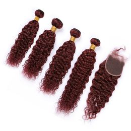 Water Wave Burgundy Hair Bundles with Closure Wine Red Human Hair Extensions 99J Wet and Wavy Malaysian Virgin Hair Lace Closure with Weaves