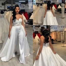 White Jumpsuits Sexy Detachable A Line Wedding Dresses Sweetheart Lace Satin With Overskirts Bridal Gowns Pants Dress Vestidos De Novia