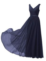 Top Selling Dark Navy Blue V-neck Bridesmaid Dresses Chiffon Maid of Honour With Ruffles Honour Bridal Gowns For Garden Beach Boho Weddings