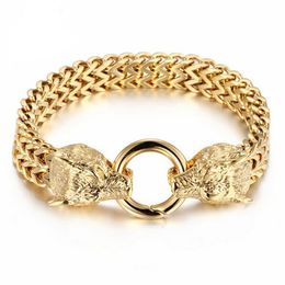 Large Gothic Gold Mesh Chain Viking Skull Lion Wolf Head Bracelet Punk Rock Men Stainless Steel Bike Biker Bracelets Bangle Jewellery