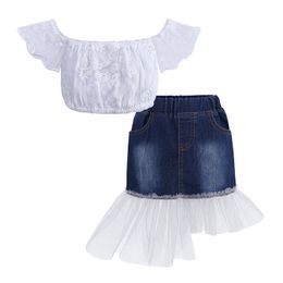 Baby girls outfits children Off Shoulder lace top+splice Tulle Denim skirts 2pcs/set fashion Boutique kids Clothing Sets C5591