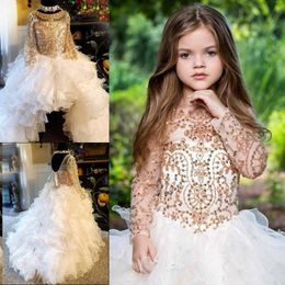 Hi Lo Girls Long Sleeves Gold Crystal Beaded Ruffles Tiered Flower Girl Dresses Teens Kid Wear Birthday Party Communion Dress