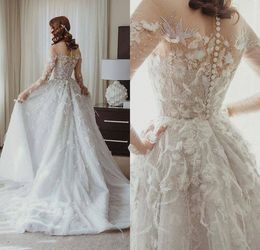 White A Line Wedding Dresses V Neck Long Sleeve Applique Ruched Wedding Gown Sweep Train robe de mariée