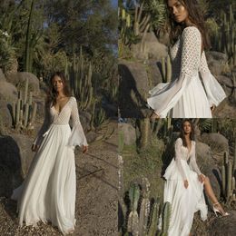 Asaf Dadush Boho Wedding Dresses Deep V Neck Long Sleeve Tulle Applique A Line Floor Length Bohemian Wedding Gown Backless Bridal Dress 4379