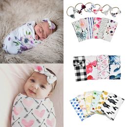 13 styles INS Newborn Floral Printed Sleeping Bag with Bow Headband 2pcs/set Soft Baby Swaddle Wraps Blankets Baby Photographic Prop M898