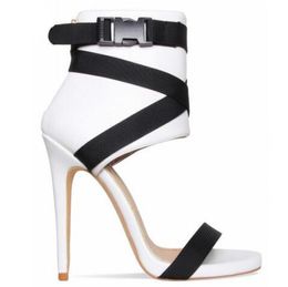 Vendita calda- Zapatos Mujer Tessuto elasticizzato Sandali con tacco alto Cinturino con fibbia alla caviglia Pompe da donna Open Toe Tacchi a spillo Scarpe da donna