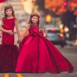 Red Girls Pageant Dresses Jewel Neck Bow Sleeveless Ball Gown Flower Girl Dress For Wedding Custom Made Satin Kids Formal Gown