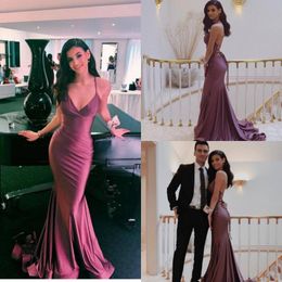 2020 Sexy Spaghetti Mermaid Evening Dresses Satin Prom Dress Sweep Tarin Back Cross Bandage Special Occasion Dresses