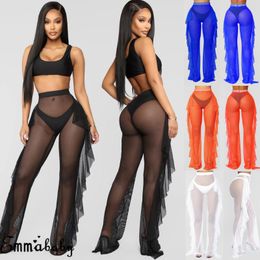 2020 Sexy Women Beach Cover Up See Through Ruffle Pants Mesh Sheer Long Trousers Bikini Cover Up Bottoms Swimsuit Swimwear