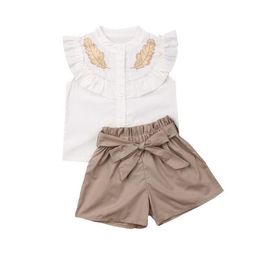 Kids Girls Summer Clothing Sets Fashion Children Casual Outfits leaf embroider Ruffle Sleeveless Shirt Tops + Bow Short 2pcs Suits Y2500