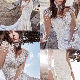 Sexy Crystal Design Mermaid Wedding Dresses Jewel Long Sleeve Lace Applique Hand Made Flower Wedding Gown Sweep Train robe de mariée
