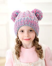 Fashion-Kid Knit Crochet Beanies Hat Girls Soft Double Balls Winter Warm Hat 12 Colors Outdoor Baby Pompom Ski Caps WCW710