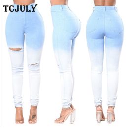 TcJuly ny blå vit gradient casual jeans för kvinnor hål rippade skinny push up penna byxor hög midja stretch smal jeans