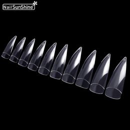 -Hot 500 PCS Clear Fake Nails Art Long Salon Tips Stiletto Plástico Acrílico Cubierta completa Falsas Nails Onde Onge Transparente
