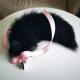 Black -40cm/16" Real Fox Fur Tail Plug Metal Stainless Butt Toy Plug Insert Anal Sexy Stopper