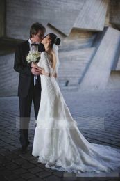 Halbarm Elegante Meerjungfrau Spitzenkleider Sexy Rückenfrei U-Ausschnitt Plus Size Maßgeschneiderte Hochzeit Brautkleid Robe De Mari e