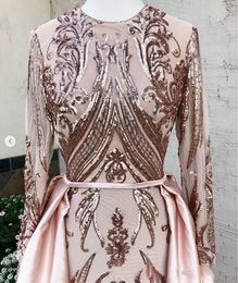 Arabic Dubai Evening Dresses With Detachable Train Muslim Evening Gowns Without Hijab kaftan abaya Long Sleeve O Neck Sequins Prom217g