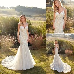 Eddy K Couture Hollow Back Mermaid Wedding Dresses Spaghetti Sleeveless Appliques Tulle Wedding Dress Sweep Train Bridal Gown