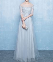 Silver Gray Bridesmaid Dress Long Lace Scoop Half Sleeves Zipper Back Floor Length Applique with Beads