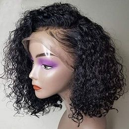 Curly pre plucked lace wig short bob hair 360 lace frontal wig cap water wave 360 for black women 180%density 14inch