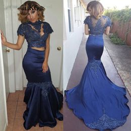 Two Piece Mermaid Prom Dresses Cap Sleeves Lace Appliques Beaded High Neck Formal Evening Dress Plus Size Custom Party Gowns