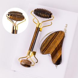 Tiger Eye Face Roller Gua Sha Set Gift Box Natural Spiked Facial Jade Roller Massager Gua Sha Massage Acupuncture Scraping Skincare Tool