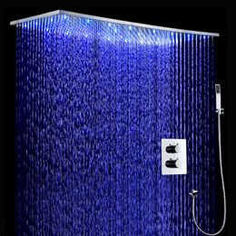 Luxury Bathroom Ceiling LED Shower Set 500*1000mm 304 SUS Brushed Large Rain Showerhead Panel Thermostatic Shower Mixer Faucets