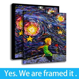 Little Prince Print Home Decor Van Gogh Wall Art Starry Night Canvas Painting Framed Art - Ready To Hang - Framed