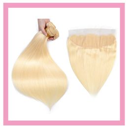 Indian Virgin Hair 3 Bundles With 13X4 Lace Frontal With Baby Hair Extensions Straight Blonde 613# Colour Wholesalae 4 Pieces
