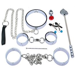Padlock Collar Wrist Ankle Cuffs Stainless Steel Chains Harness Bondage Gear Adult Slave BDSM Set S5211