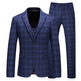 High quality men's suit men's spring and autumn new business casual plaid suit three-piece suit (jacket + pants + vest) men's banquet dress