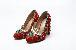 Suede Free Shipping Leather Chunky High Heels Round Toes Colourful Diamond Pumps Dress SHOES Party Wedding Red Colour