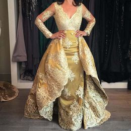 2019 gold Lace Applique Prom Dresses With Overskirt Sexy deep V-Neck Sheer illusion Long Sleeves Saudi Arabia Evening Gowns Party Dress