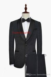Customise Shawl Lapel Embossing Black One Button Wedding Groom Tuxedos Men Suits Wedding Prom Dinner Best Man Blazer(Jacket+Pants) n02