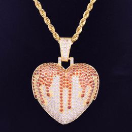 Iced Out Red Heart Love Necklace & Pendant With Rope Chain Cubic Zircon Men's Women Hip hop Rock Jewellery