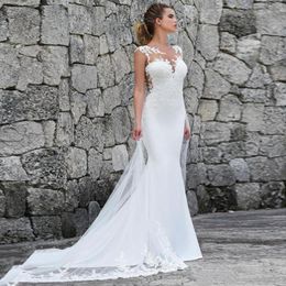 2022 Elegant Satin Wedding Dress White Mermaid Dresses for women With Lace Plus Size vestidos de Boho Dress Beach Grows Bridal Gowns