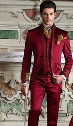 Embroidery Groomsmen Mandarin Lapel Groom Tuxedos Burgundy Men Suits Wedding/Prom/Dinner Best Man Blazer ( Jacket+Pants+Tie+Vest ) K201