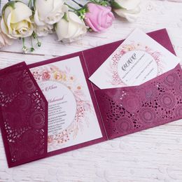New Laser cut Burgundy 3 Folds Square Wedding Invitation Cards with Belt for Wedding Birthday Engagement Party Greeting Use, Free RSVP Cards