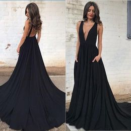 Sexy Black Backless Prom Dresses Plunging V Neck Chiffon Sweep Train Custom Made Simple Plus Size Evening Party Gowns Formal Occasion Wear