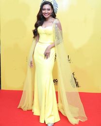 2020 Plus Size Yellow Cape Arabic African Prom Dresses Long Mermaid Muslim Chiffon Formal Evening Gowns