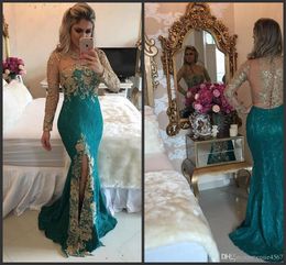 2020 Illusion Long Sleeve Gold Lace Applique Sexy Transparent Back Side Split Party Wear Formal Evening Dress Vintage Lace Mermaid Prom Gown