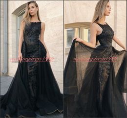 Trendy Lace Overskirt Arabic Sheath Evening Dresses Black 2019 Saudi Plus Size African Prom Formal Pageant Celebrity Party Gowns