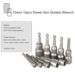 Wrench Screw 10Pcs/lot 6-15mm Pneumatic Strong Power Magnetic Nut Driver Drill Bits Set 65mm 1/4" Hex Shank Metric Socket Wrench Screw