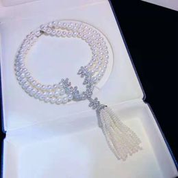 Hand knotted 3strands 8-9mm white freshwater cultured pearl micro inlay zircon accessories necklace long 43-48cm