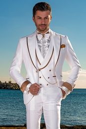 New Arrival Groomsmen Peak Lapel Groom Tuxedos White Men Suits Wedding/Prom/Dinner Best Man Blazer ( Jacket+Pants+Tie+Vest) G305