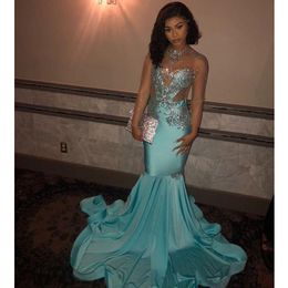 2020 Sheer High Neck LOng Seeves Mermaid Prom Dresses Turquoise Crystal Beaded African Plus Size Evening Gowns