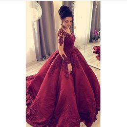 Sexy Luxury Burgundy Quinceanera Dresses Ball Gown V Neck Lace Appliques Beaded Long Sleeves Satin Sweet 16 Party Dress Prom Evening Gowns