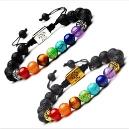 Fashion Black Lava Stone Essential Oil Diffuser Bracelet Square Tree of Life 7 Chakra Beads Women Men Yoga Buddha Bracelets Jewellery Gift