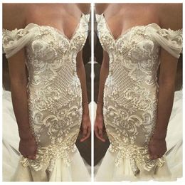 2024 New Sexy Mermaid Wedding Dresses Off Shoulder Cap Sleeves Lace Appliques Beaded Pearls Open Back Chapel Train Plus Size Bridal Gowns 403
