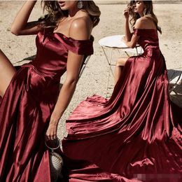 the Sexy Off Shoulder Bury Satin Prom Dresses Ruched Front High Slit Plus Size Custom Made Formal Ocn Wear Evening Party Gowns